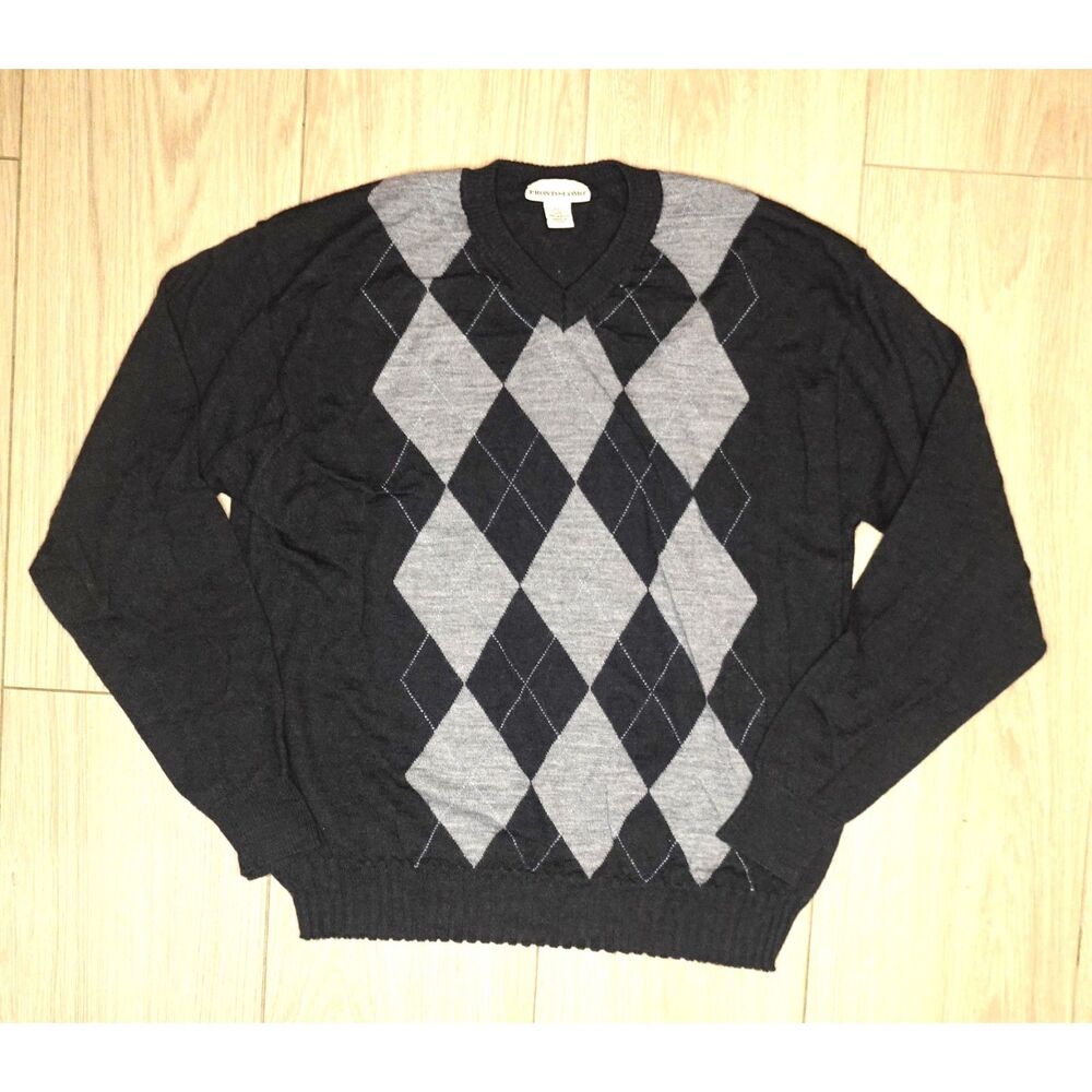 Pronto Uomo Sweater Mens XL Gray Argyle Merino Wool V Neck Knit Pullover Office